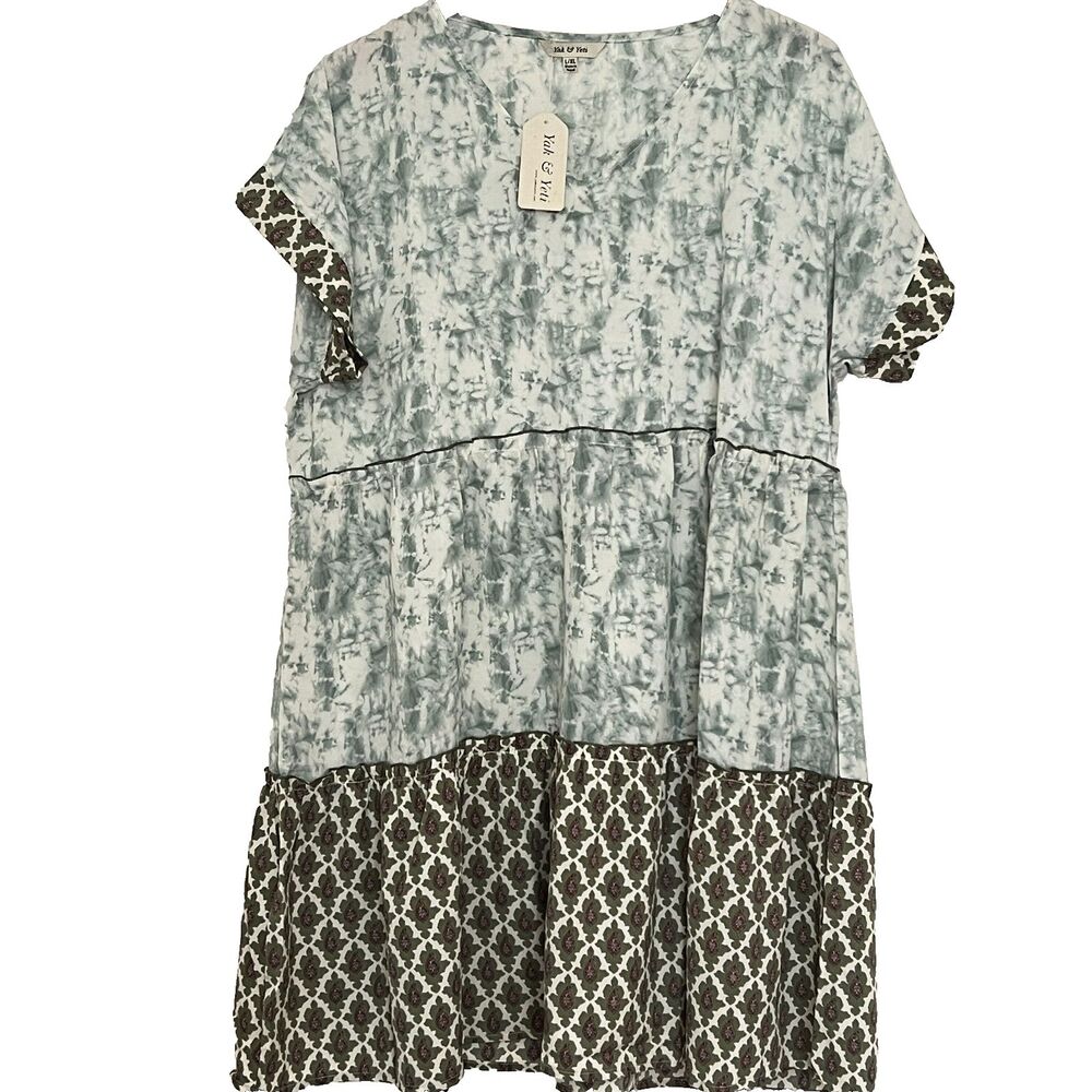 Yak Yeti Babydoll Dress L XL Tiered Print Boho Mini NWT